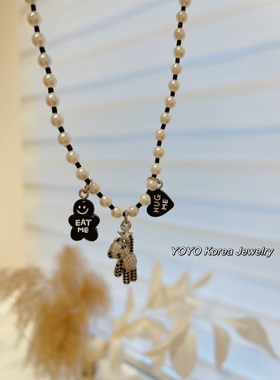 黑色爱心珍珠串珠时尚项链锁骨链