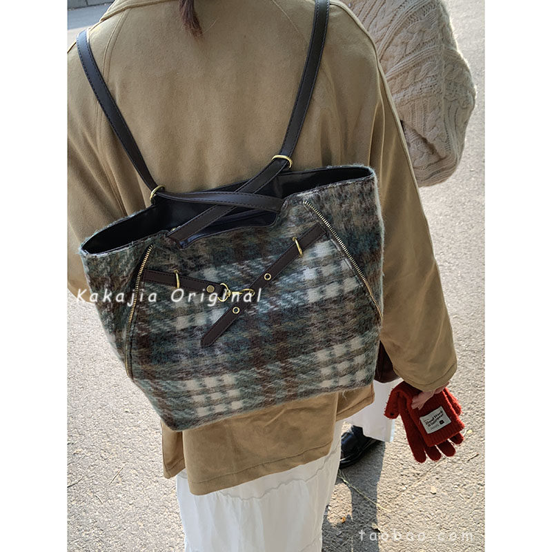 毛呢格子大容量包包女秋冬2024新款潮韩国托特包休闲大容量背包,淘宝优惠券,粉丝福利购,淘宝优惠卷