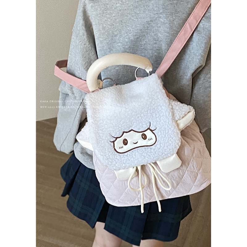 卡乐儿韩国小众双肩包包女2024新款潮时尚菱格水桶包学生卡通背包 - 图1