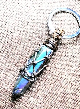 吉祥珠宝天然电镀五彩水晶原石网兜石吊坠蜡绳手作项链吊坠钥匙扣