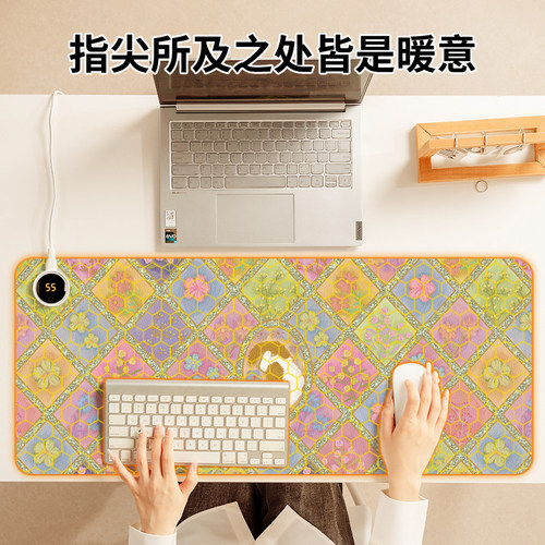 新中式油画宫廷风加热鼠标垫子女生冬季取暖防冻手办公室工位桌面垫高颜值电热恒温防水左侧开关电脑键盘垫 - 图1