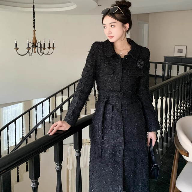 PRISCA 秋冬韩国黑色长款大衣外套加厚甜美风宽松粗花呢私人定制