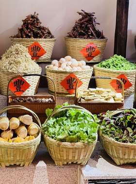 仿古竹编箩筐摆放干货蔬菜竹筐明档装饰篓展示火锅店陈列堆头篮子