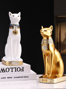 欧式书柜埃及猫工艺品办公室装饰品桌面猫咪摆件金色可爱复古白色