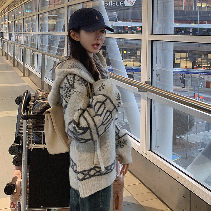 费尔岛重工灰色连帽毛衣外套女秋冬慵懒宽松加厚针织拉链开衫上衣 - 图0