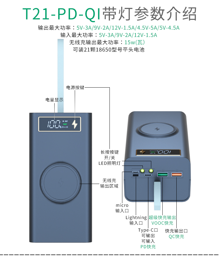 QC快充22.5W免焊接28节移动电源盒套件35节无线充电宝外壳DIY套料 - 图2