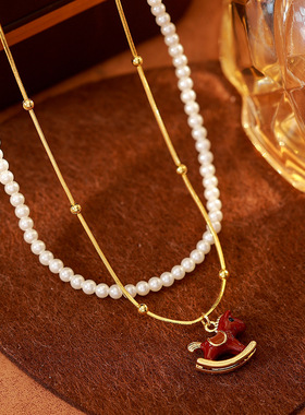 【汾红木马】红色滴油小马珍珠叠戴项链女气质毛衣链轻奢高级颈链