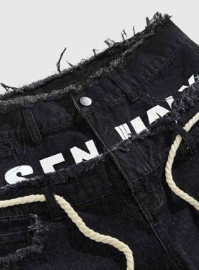 Men's High Cotton Rhinestone Embellished Denim Shorts Black