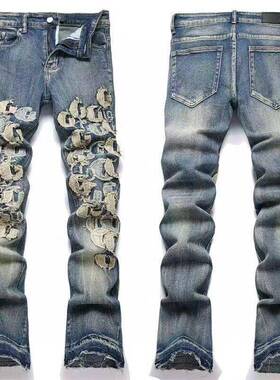 Men's Regular Fit Ripped Print Streetwear Jeans Casual