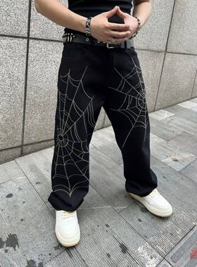 Men's Y2K Baggy Jeans with White Spider Web Embroidery