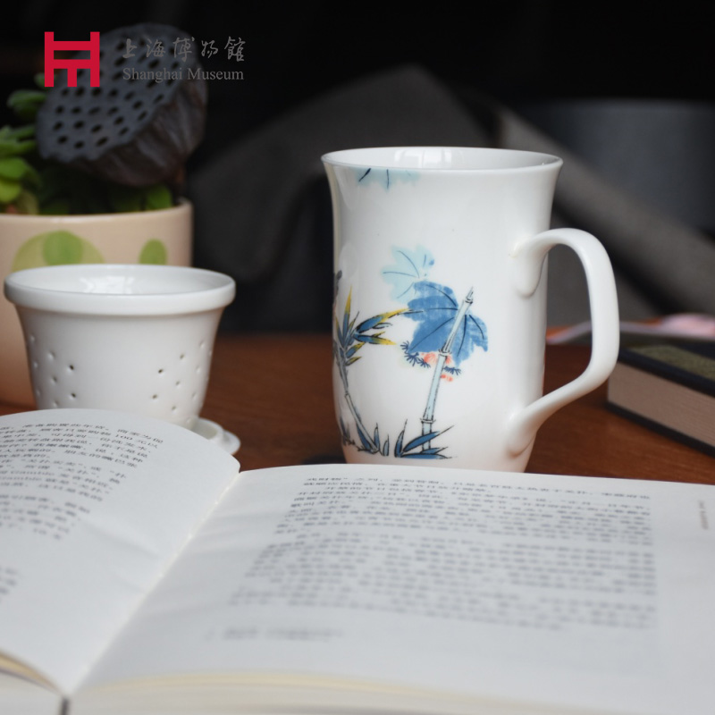 上海博物馆滤茶杯孙克弘花鸟图茶水分离陶瓷茶杯带盖办公杯伴手礼 - 图0