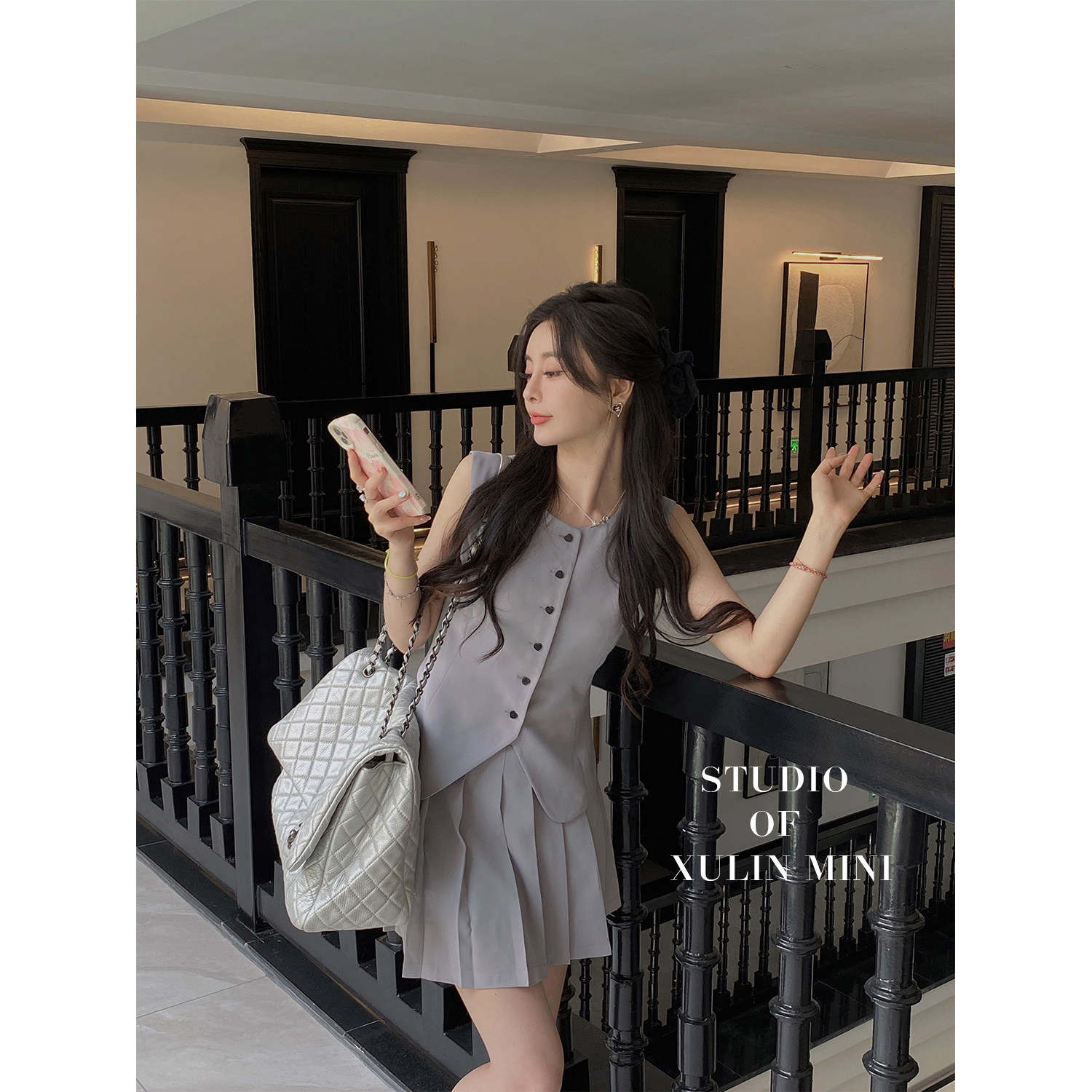 徐琳mini学院风无袖西装马甲套装女夏款高腰百褶半身裙网红两件套