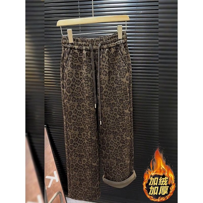 韩版大码加绒加厚豹纹休闲裤女冬新款梨形身材高腰显瘦直筒阔腿裤,淘宝优惠券,粉丝福利购,淘宝优惠卷
