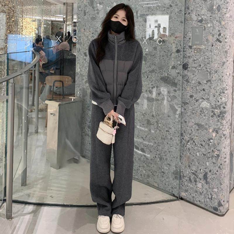 2024秋冬季新款洋气毛呢休闲运动套装女拼接羽绒外套阔腿裤两件套,淘宝优惠券,粉丝福利购,淘宝优惠卷