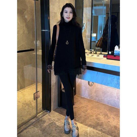 New autumn and winter style irregular hem sleeveless knitted vest suit lace black long-sleeved bottoming shirt two-piece set