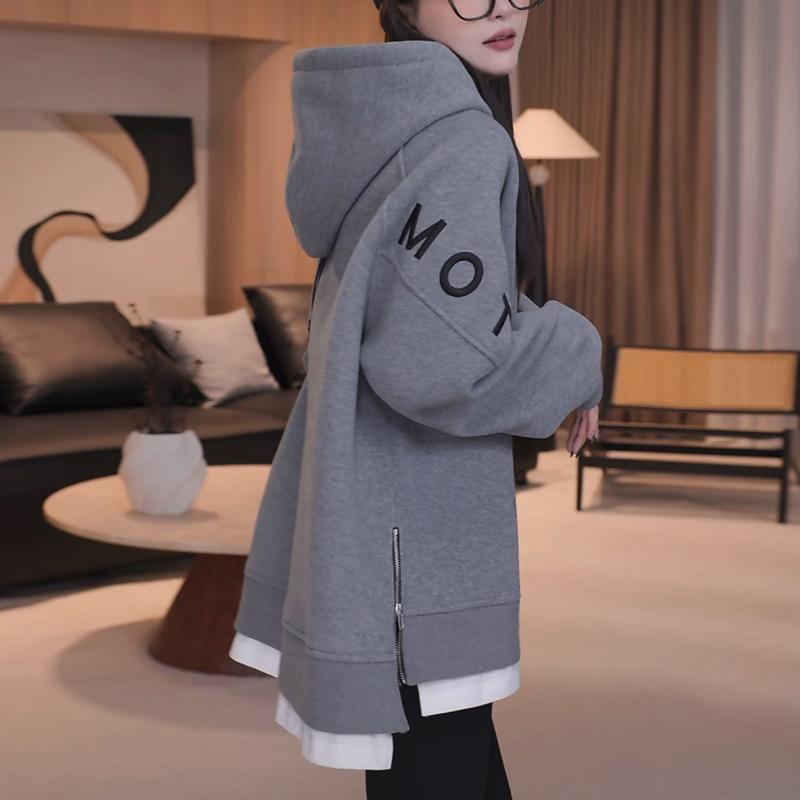 2024秋冬季新款灰色字母刺绣长袖连帽卫衣女加绒加厚百搭遮肚上衣 - 图3