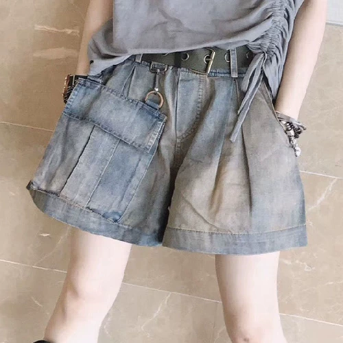 Летний комплект, джинсовая футболка, городской стиль, на шнурках, свободный крой