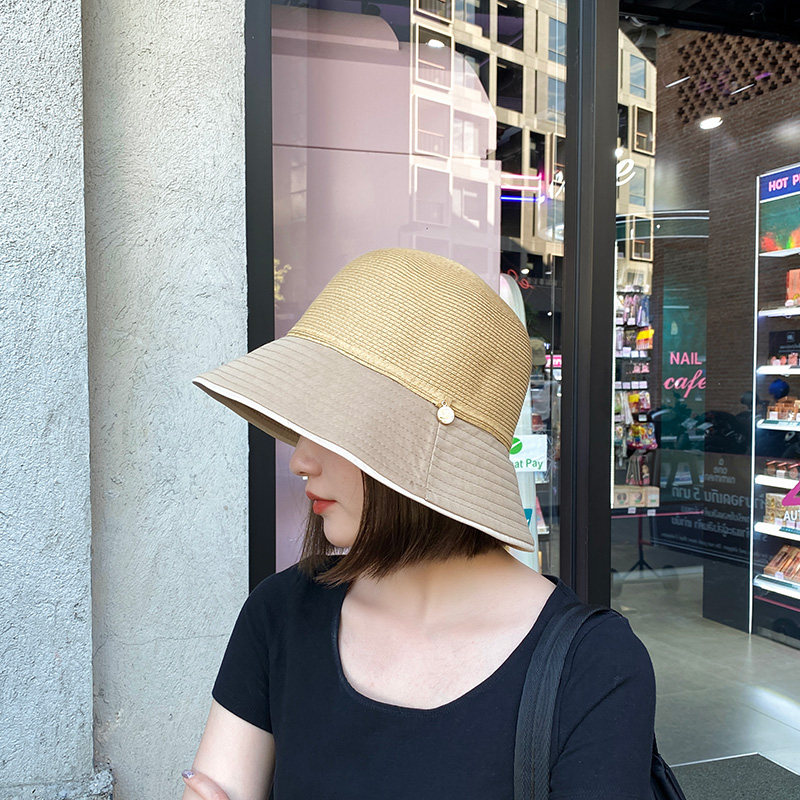 百搭渔夫帽子女夏天日系布草结合草帽可折叠草编拼接遮阳盆帽潮 - 图0