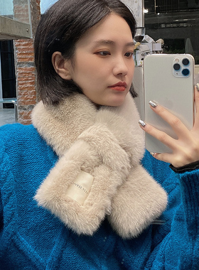 超保暖布标交叉仿皮草獭兔围巾