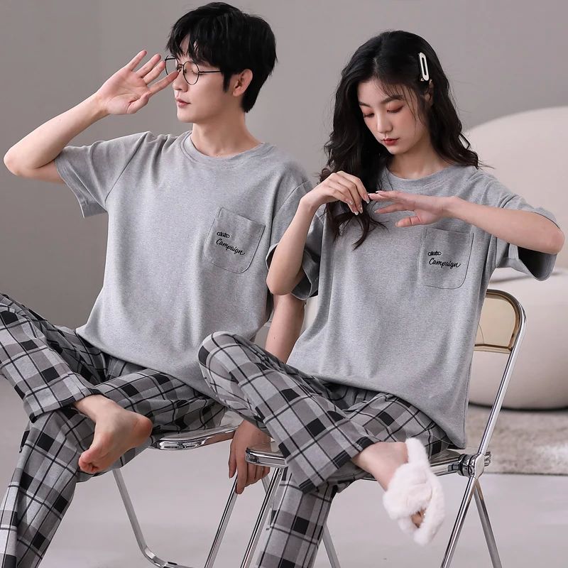 Cotton Short Sleeping Tops& Long pant Sleepwear For Couples-图0