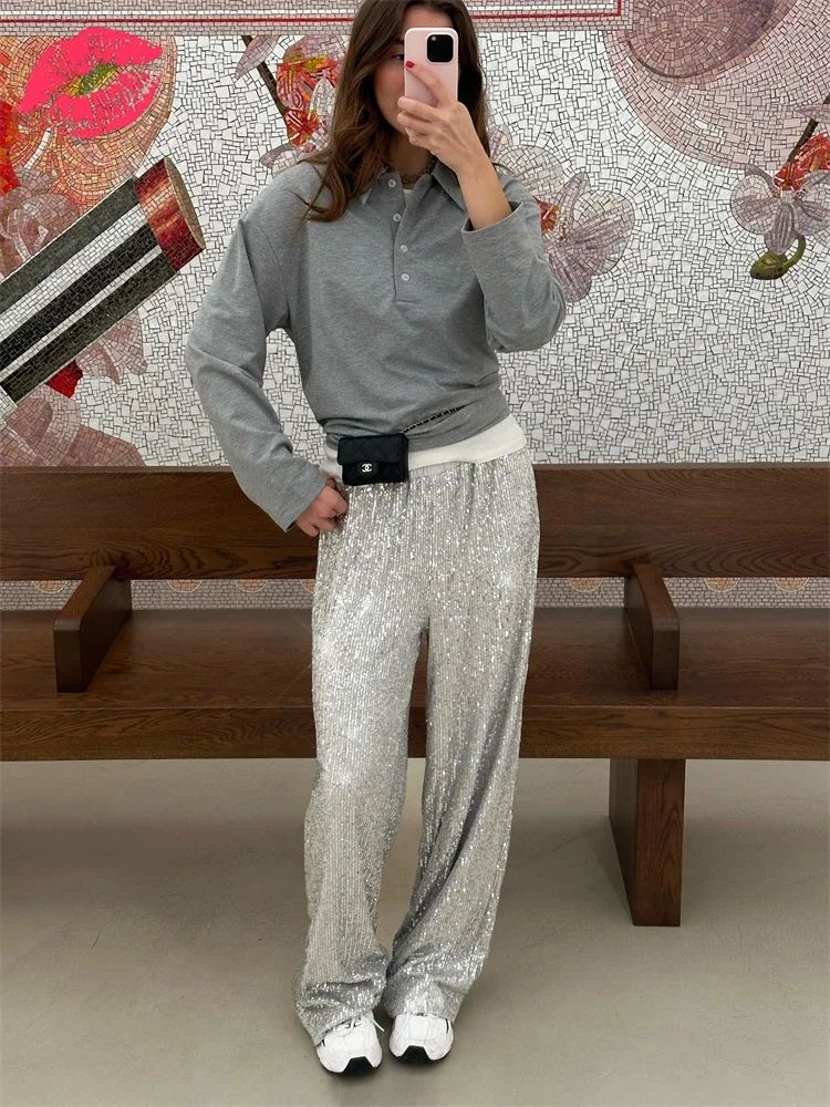 Tossy Silver Sequin Female Trousers High Waist Casual Luxury - 图3