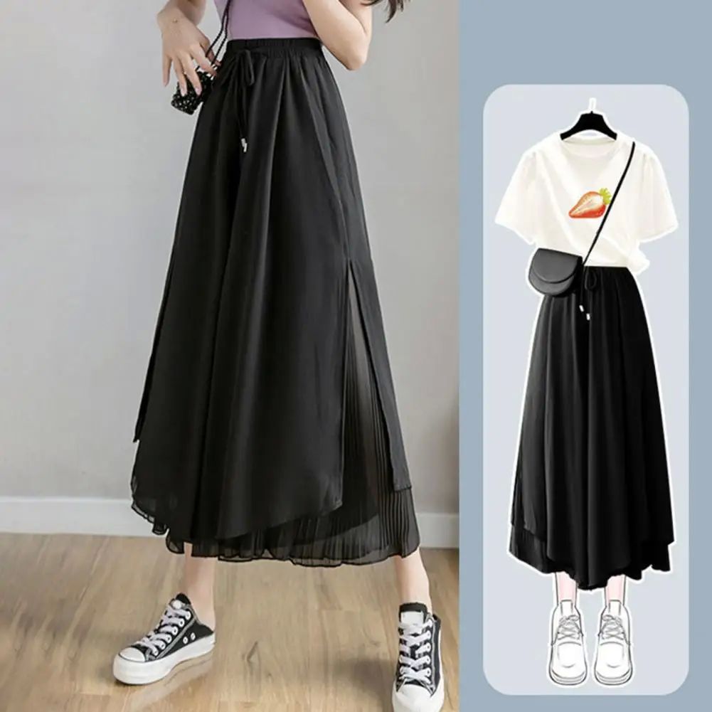 Women Pants Culottes Elastic Wide Leg Irregular Hem Double L - 图0