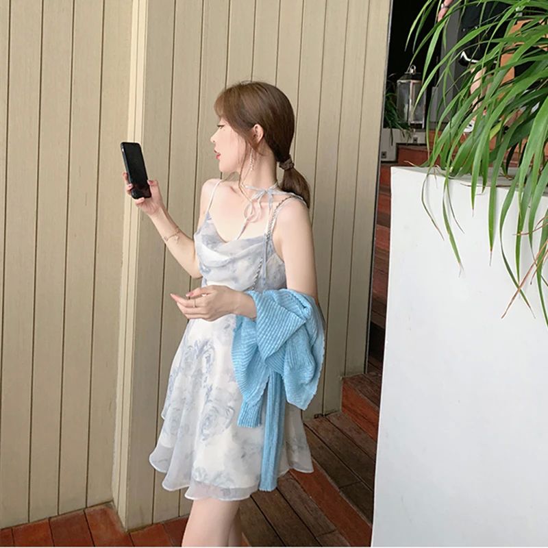 Fashion Sexy V-Neck Spaghetti Straps Floral Thin Chiffon Dre - 图1