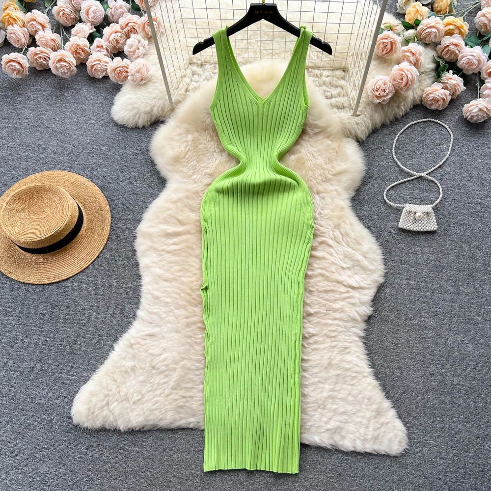 YuooMuoo Women Dress Sexy V-neck Slim Elastic Ribbed Knitted - 图2