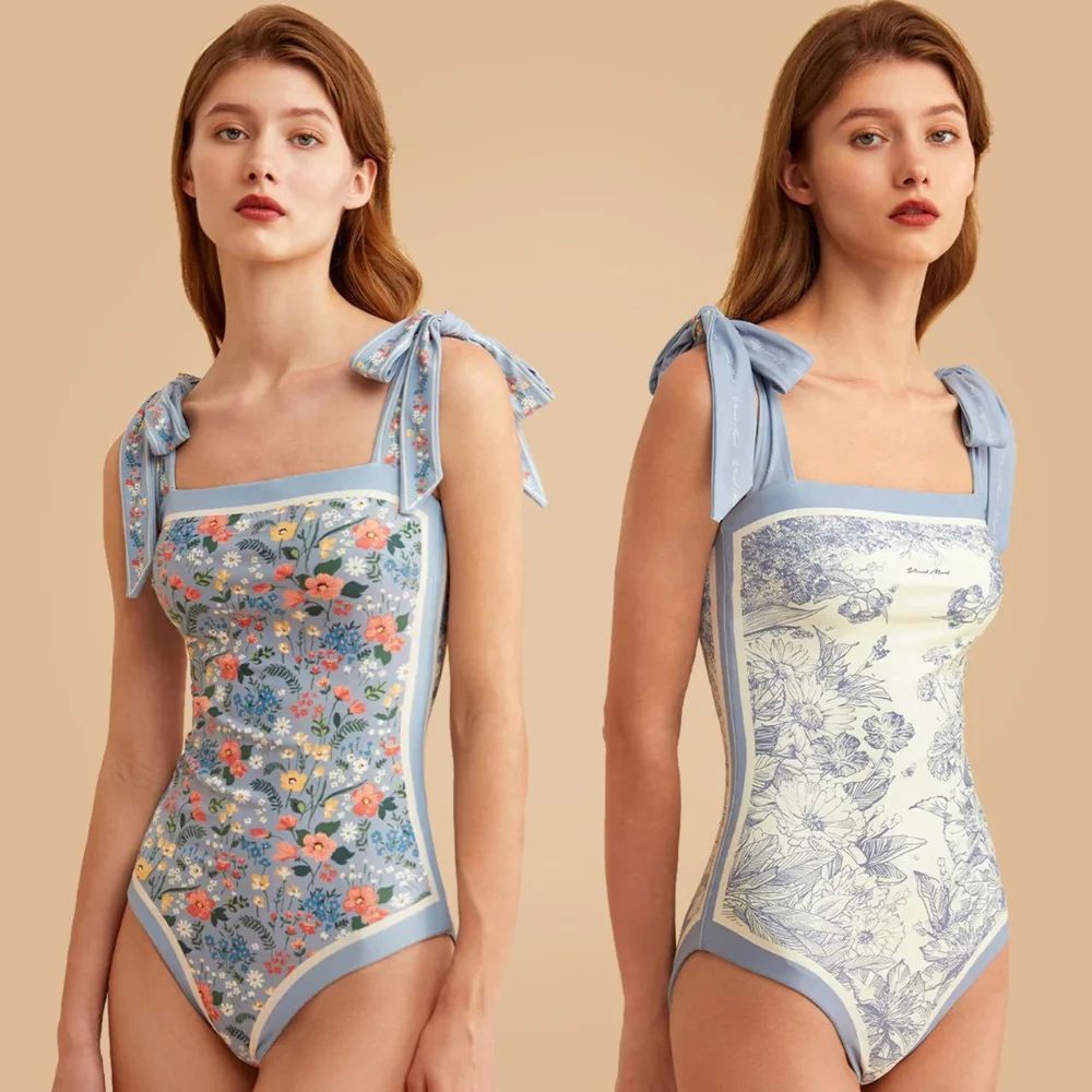 New Vintage Printed Double-sided Wear One Piece Swimsuit Swi - 图0