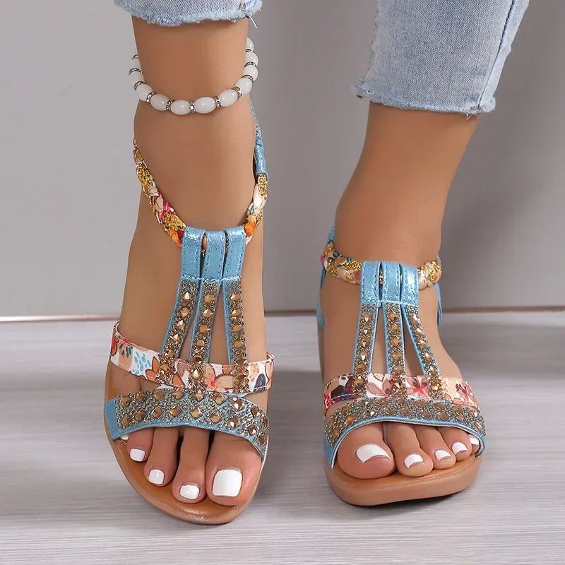 Women Wedge Sandals Summer Bohemia Rhinestones Casual Platfo - 图0