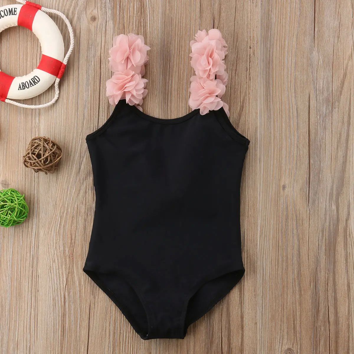 One Piece Baby Girl Swimwear 3D Floral Flower Strap Bathing-图1