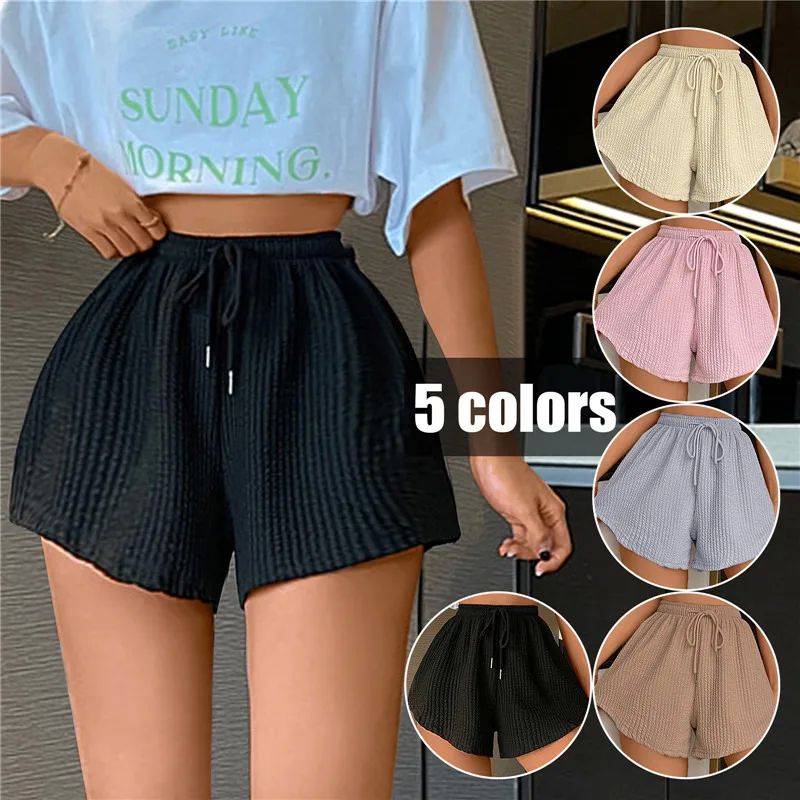 Women Shorts Summer High Elastic Lace Up Drawstring Wide Leg - 图0