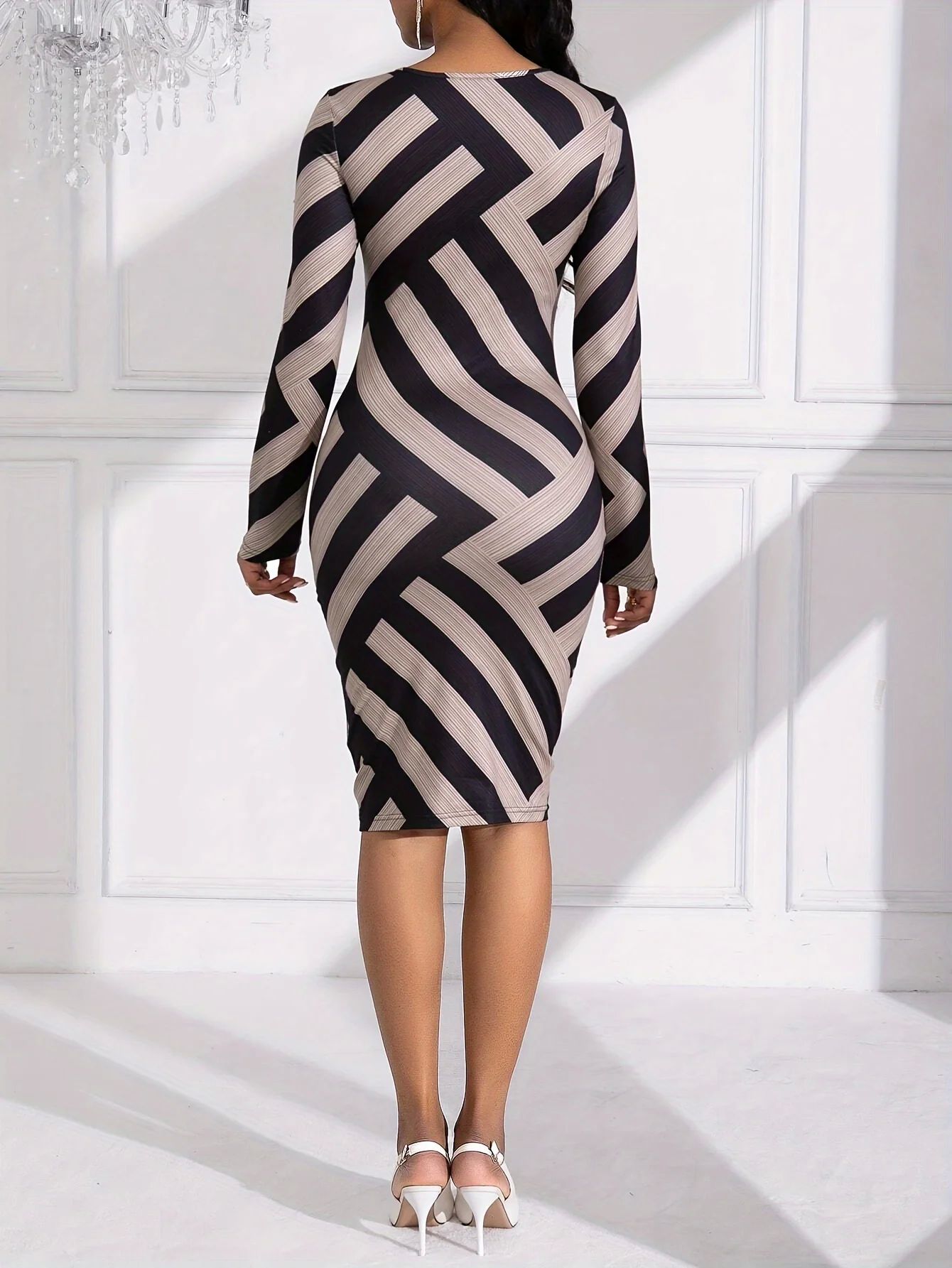 Autumn Summer Elegant Colorblock Stripe Printed Dress Africa - 图2