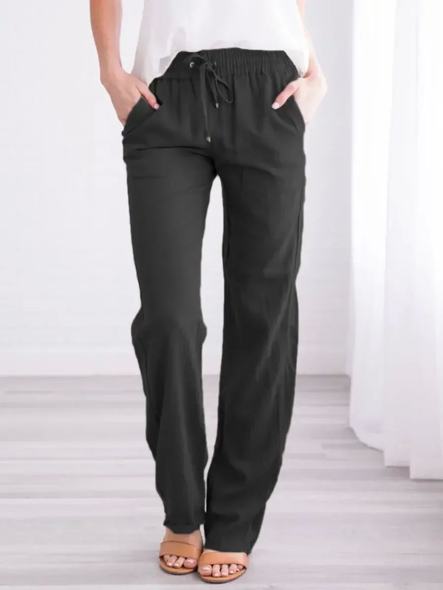 2024 Spring Cotton Linen Women Pants Black Pockets Loose Ove - 图2