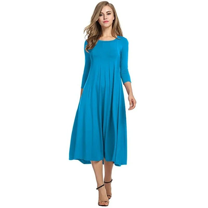 Plus Size Women Long Dress Round Neck Solid Color Frock Casu - 图1