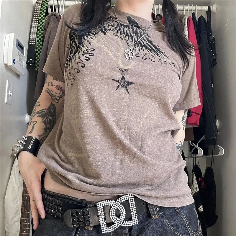 Xingqing y2k Japanese Grunge Tees 2000s Women Star Print Rou - 图3