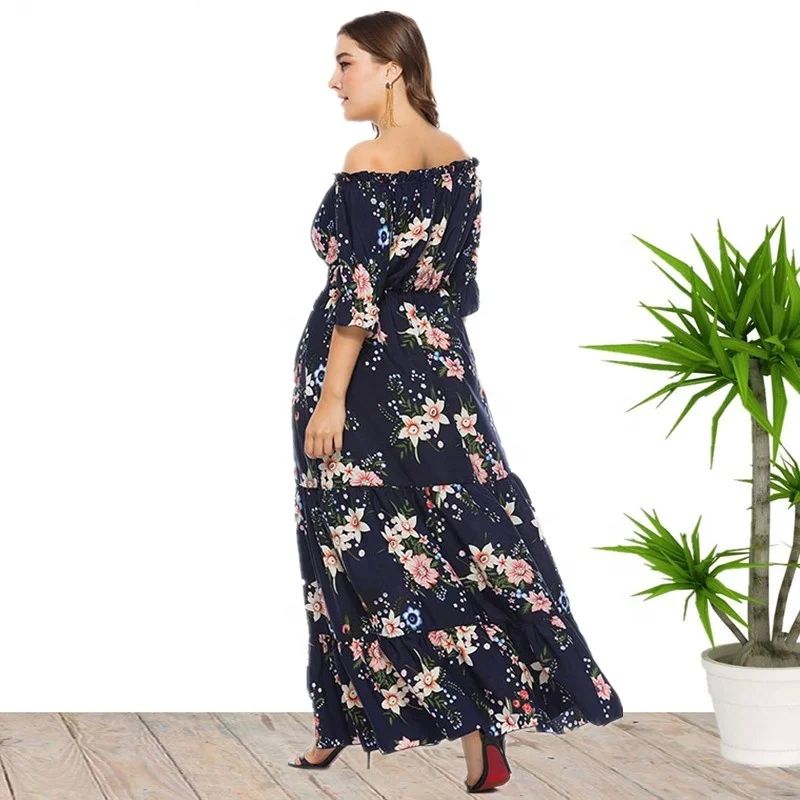 Plus Size Sexy Off Shoulder Floral Print Bohemian Summer Hol - 图3