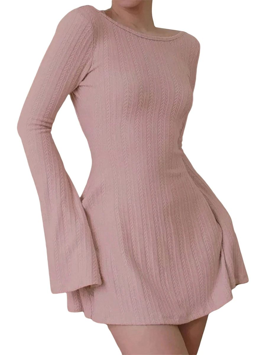 Solid Color Ribbed Knit Sweater Dress with A-Line Swing Silh - 图3