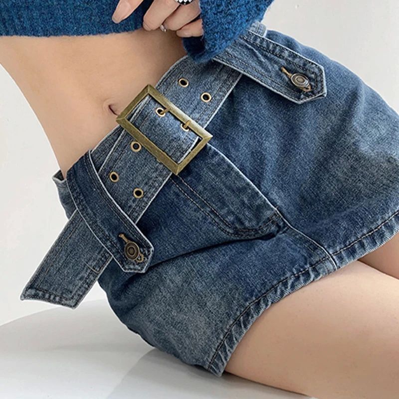 Summer New Denim Mini Skirt Women's High Waist Wide Waistban-图3