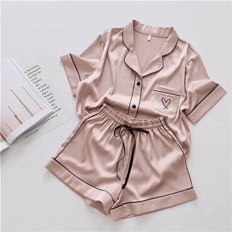 Womens Sexy Faux Silk Pajamas Set Soft Satin Sleepwear Short - 图0