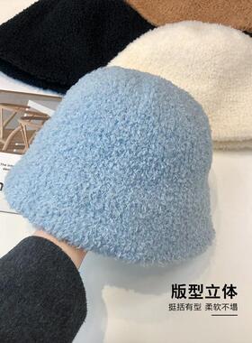 纯色羊羔毛帽子女秋冬季2026新款纯色盆帽台灯帽防寒保暖渔夫帽女