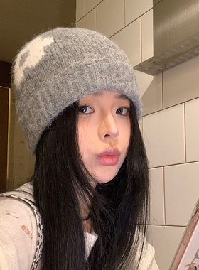 韩版ins灰色针织冷帽女秋