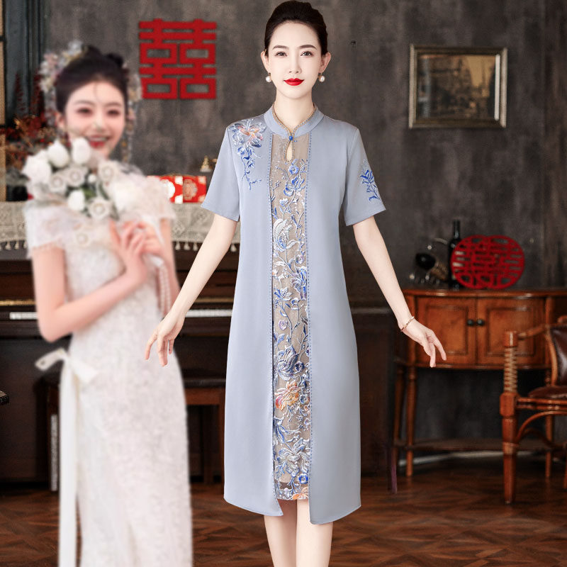 优雅气质婚礼妈妈礼服平时可穿显瘦遮肉旗袍秋喜婆婆立领连衣裙夏