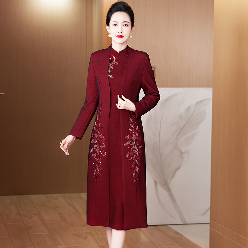 秋冬高端喜婆婆婚宴装中长款外套大衣旗袍婚礼妈妈礼服套装连衣裙