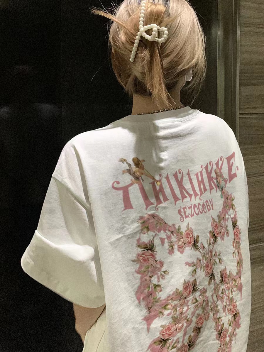 国潮美式复古正肩短袖纯棉t恤女夏季情侣小众独特别致设计感上衣 - 图0