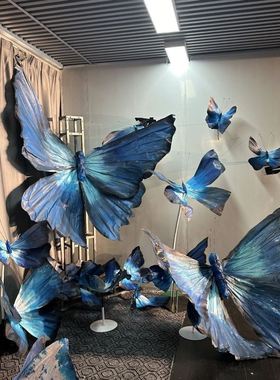 婚庆舞台布置巨型纸艺花橱窗美陈成品摄影道具仿真花纸艺蓝色蝴蝶