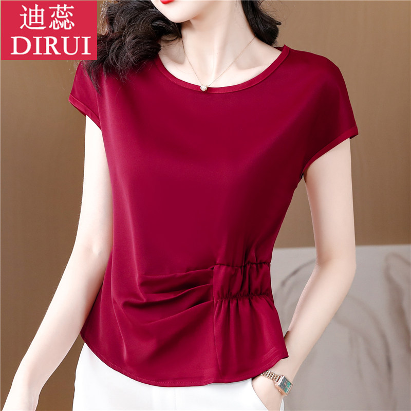 2023夏装新款气质短袖收腰雪纺衫 迪蕊蕾丝衫/雪纺衫