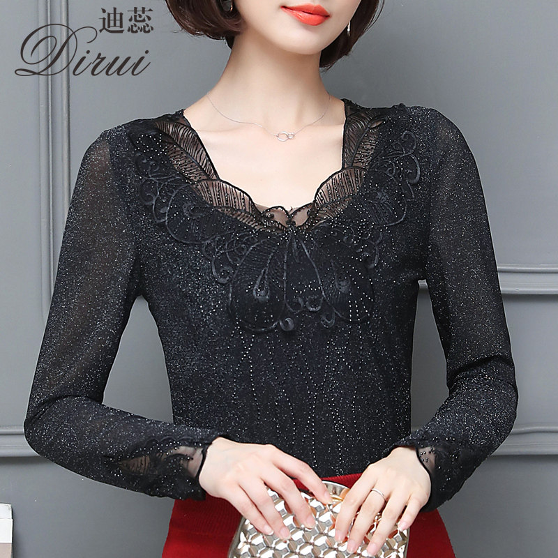 蕾丝长袖大码t恤2020早春秋打底衫 迪蕊蕾丝衫/雪纺衫