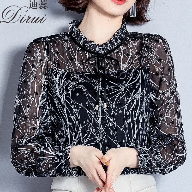 秋装2021新款女碎花雪纺长袖衬衫 迪蕊蕾丝衫/雪纺衫