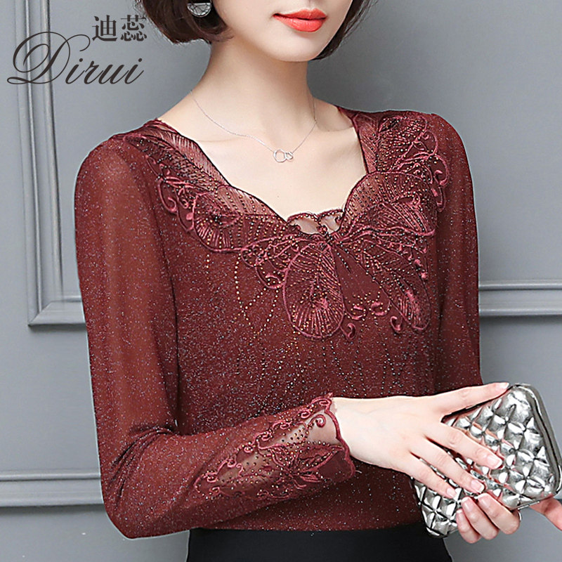 蕾丝长袖大码t恤2020早春秋打底衫 迪蕊蕾丝衫/雪纺衫